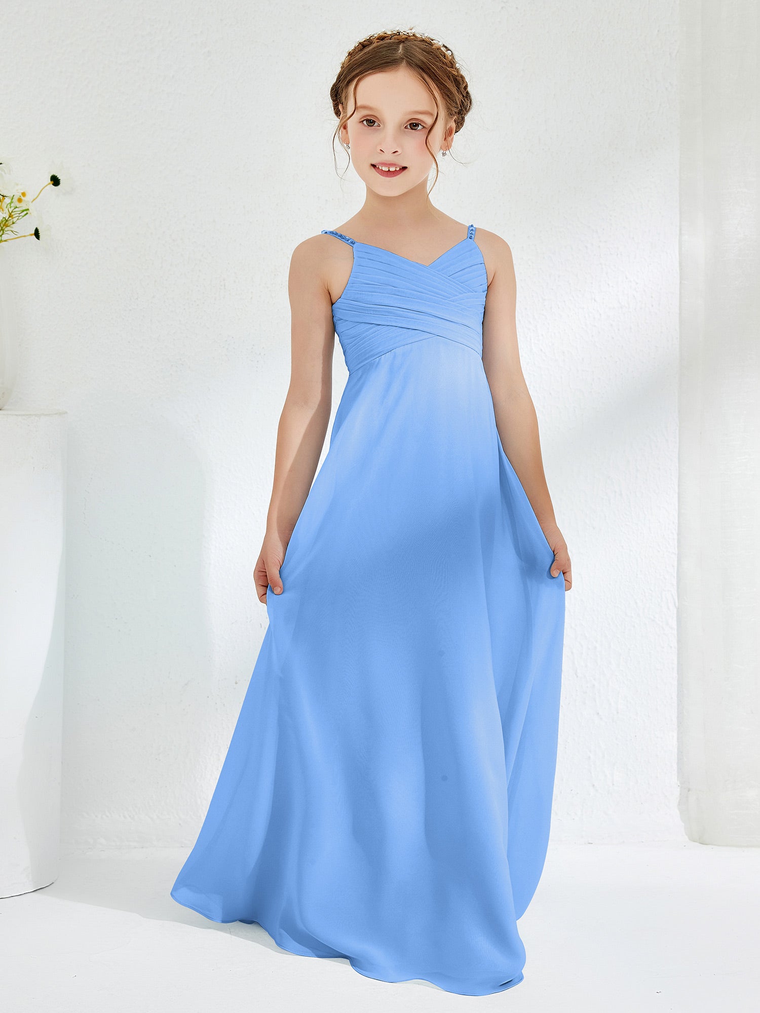 BABARONI Chiffon Blue Junior Bridesmaid Dresses A-line V-neck Spaghetti
