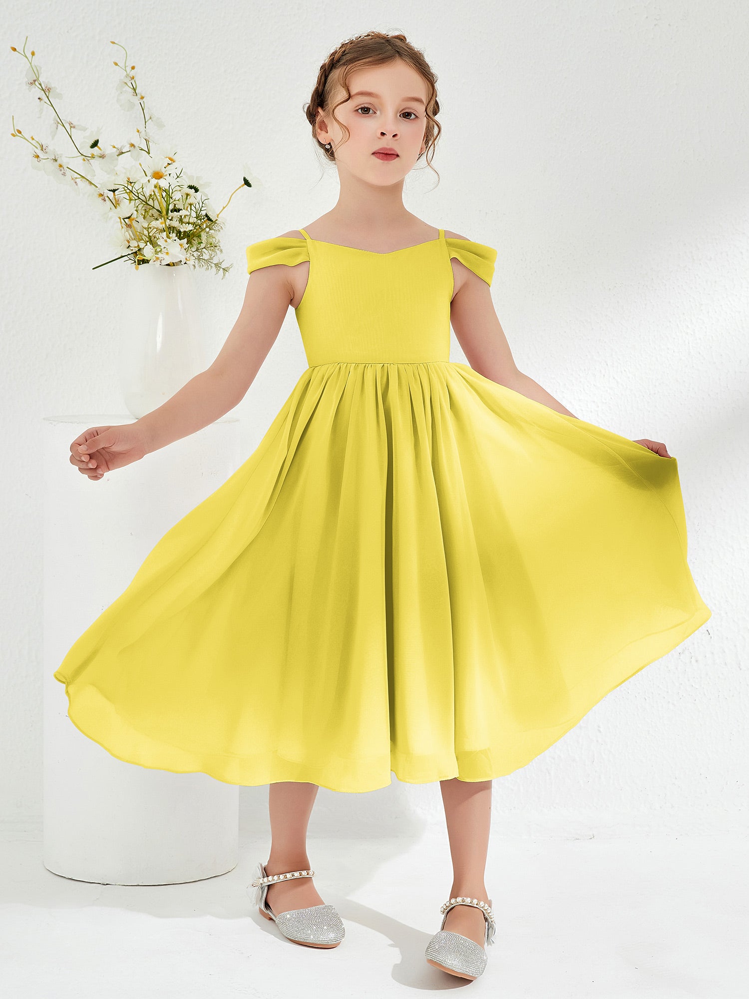 Cute Off-the-shoulder Pleated Girl's Dress Lavender