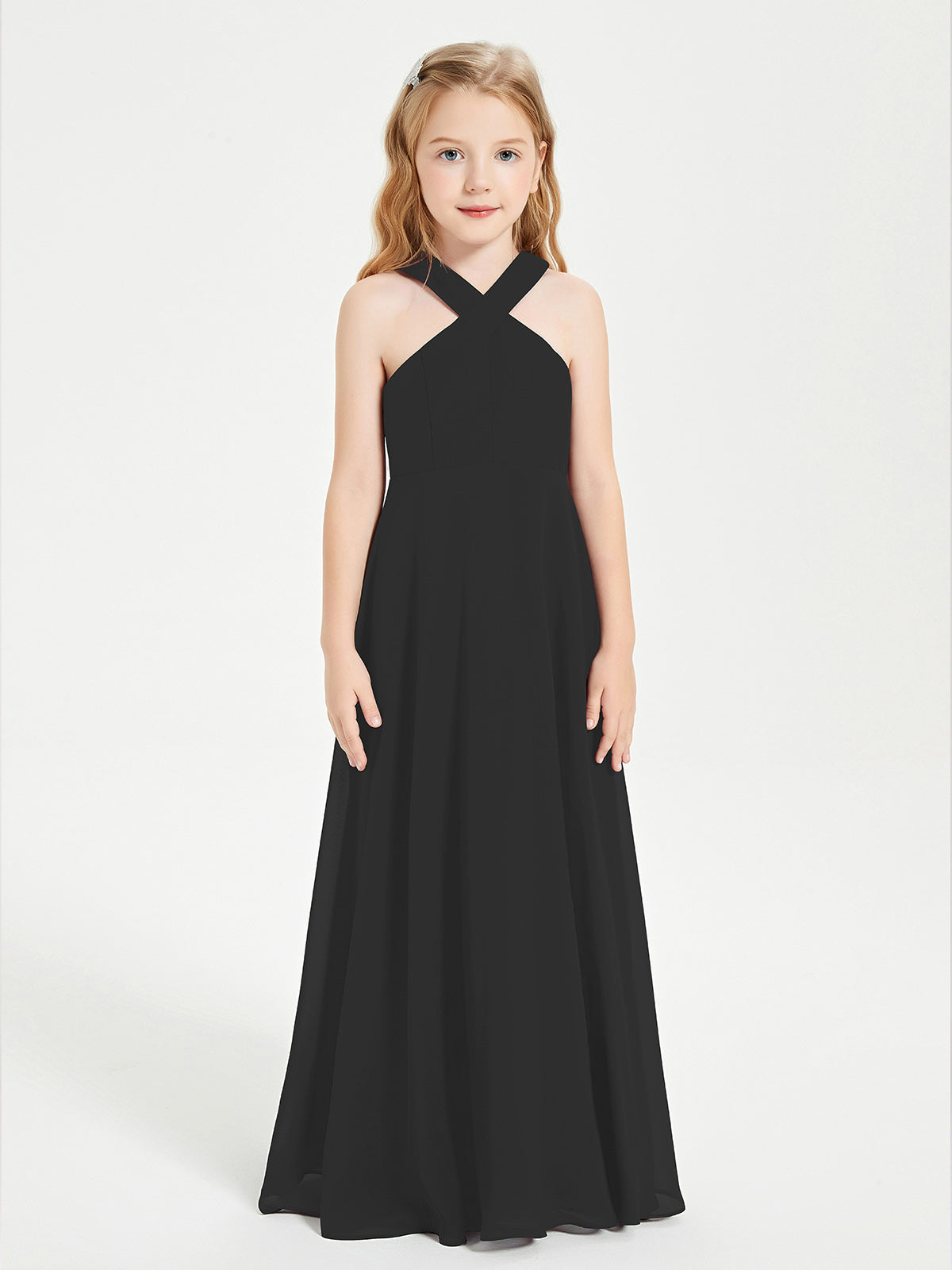 BABARONI Junior Bridesmaid Dresses Grecian Neckline Floor Length Black, Black / J4 BABARONI Junior Bridesmaid Dresses Grecian Neckline Floor Length Black, Black / J4