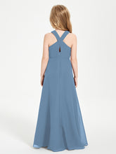 Junior Bridesmaid Dresses Grecian Neckline Floor Length Slate Blue