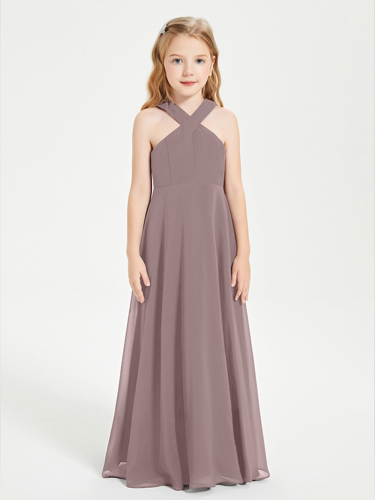 Square Neck Slit Detail Chiffon Junior Bridesmaid Dress Vintage Mauve