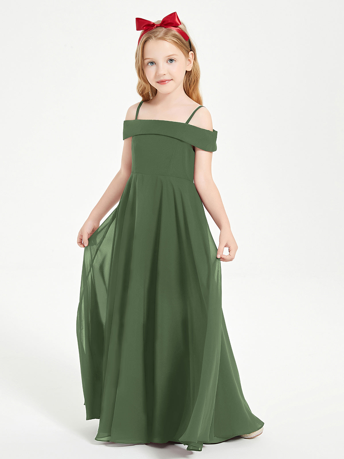 BABARONI Chiffon Olive Green Junior Bridesmaid Dresses A-line Off-the-shoulder Straps Ruched Floor-length, Olive Green / J4