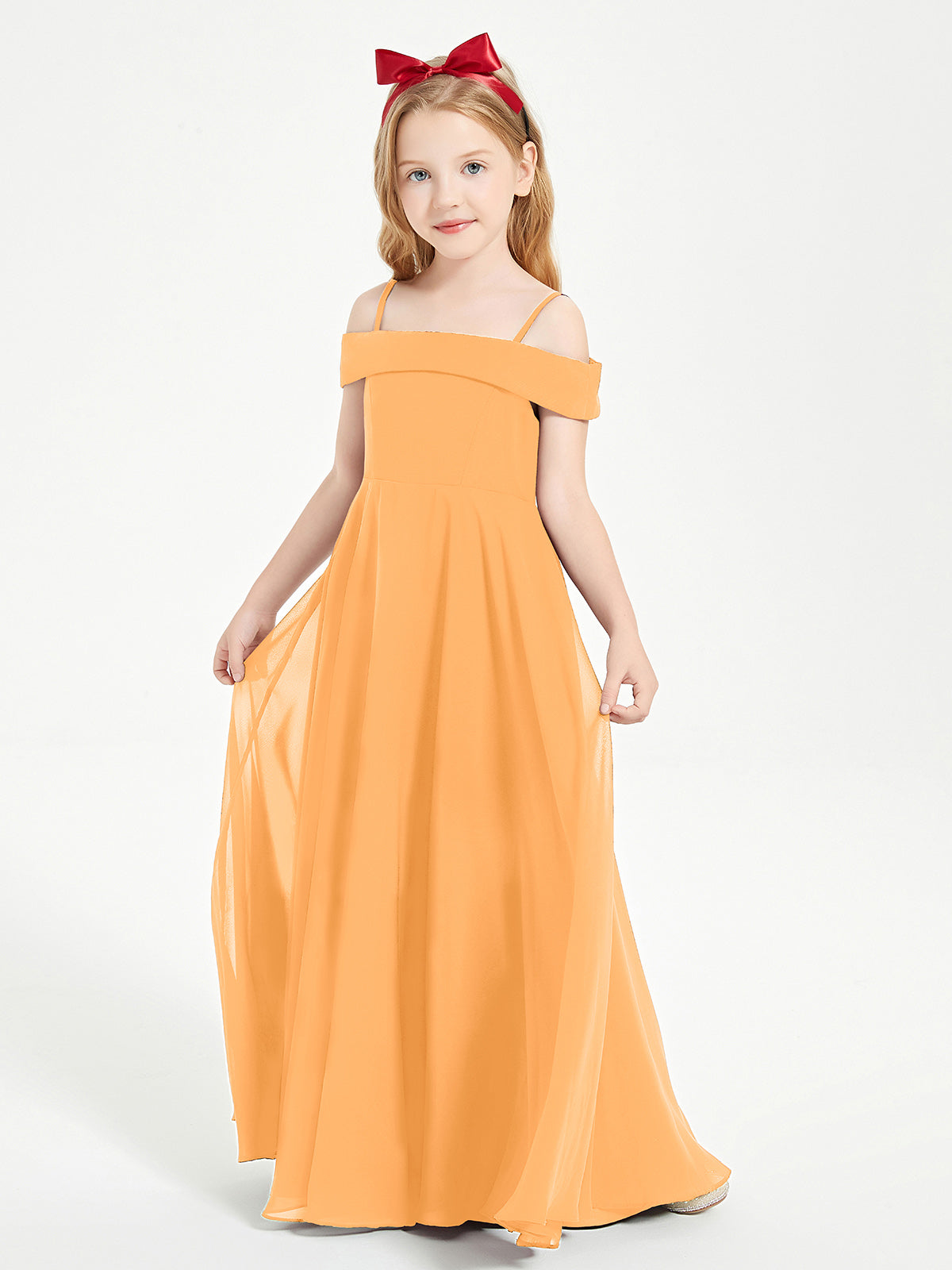 BABARONI Chiffon Tangerine Junior Bridesmaid Dresses A-line Off-the-shoulder Straps Ruched Floor-length, Tangerine / J4