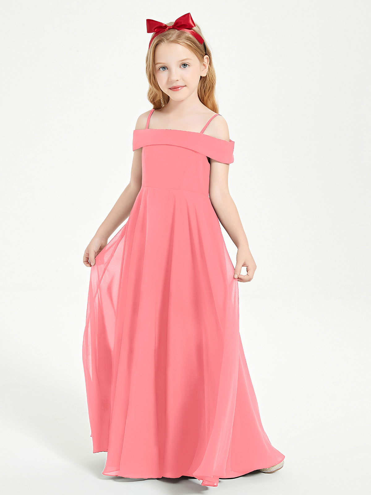 BABARONI Chiffon Watermelon Junior Bridesmaid Dresses A-line Off-the-shoulder Straps Ruched Floor-length, Watermelon / J4