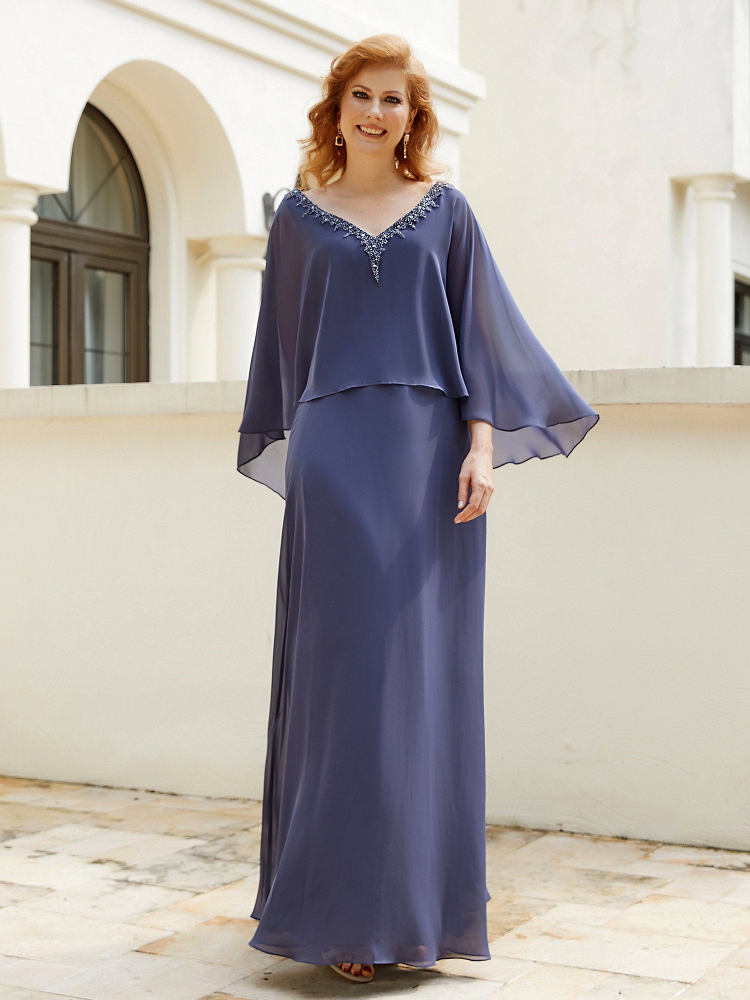 BABARONI Chiffon Mother of the Bride Dress with Flutter Cape Sleeves and Beaded V-neck