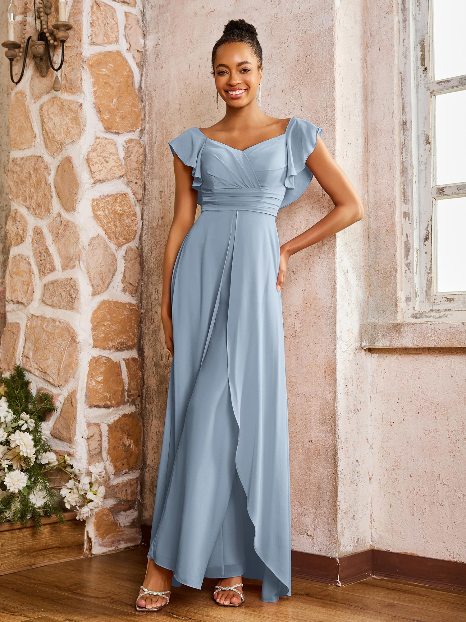 BABARONI Chiffon Dusty Blue Bridesmaid Dresses V-neck Floor-length