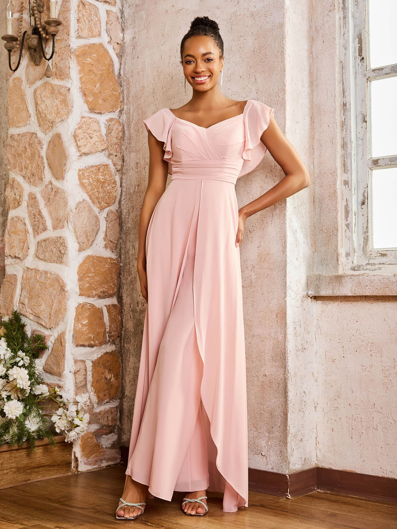 BABARONI Chiffon Dusty Rose Bridesmaid Dresses V-neck Floor-length Flutter Sleeves Ruched Pleated A-line, Dusty Rose / US0