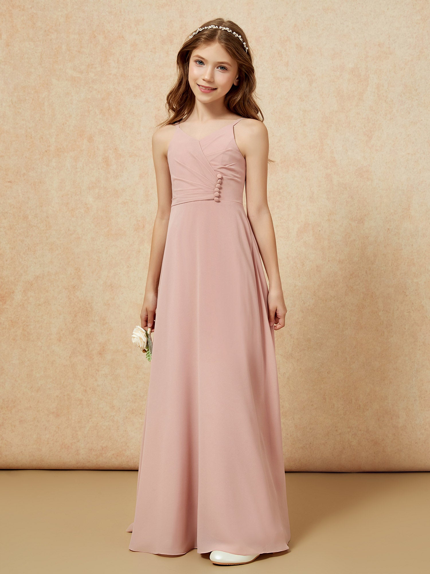 Pleated Lace Chiffon Long Junior Bridesmaid Gown Peach