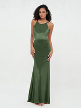 Scoop Neck Velvet Dresses with Sweep Train Olive Green