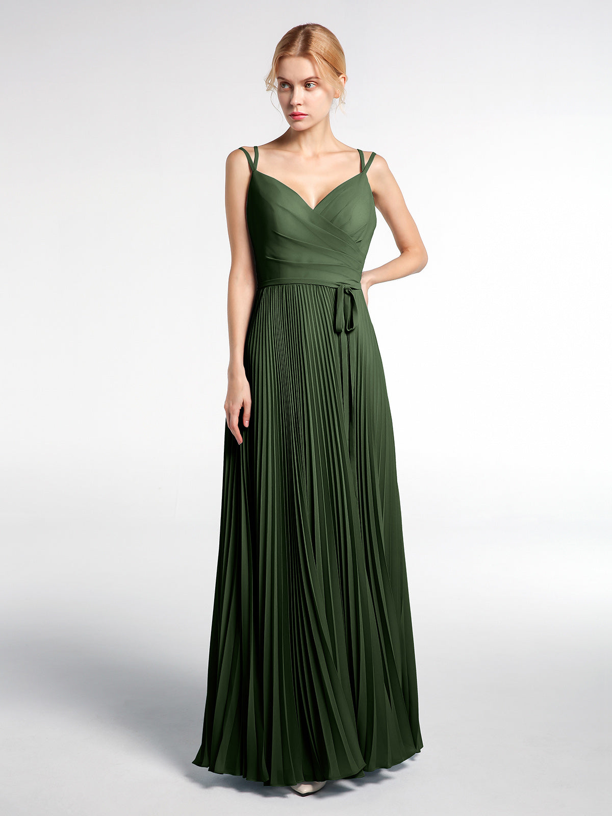 BABARONI Pleated Skit Double Straps Dress with Self tie Olive Green, Olive Green / US0