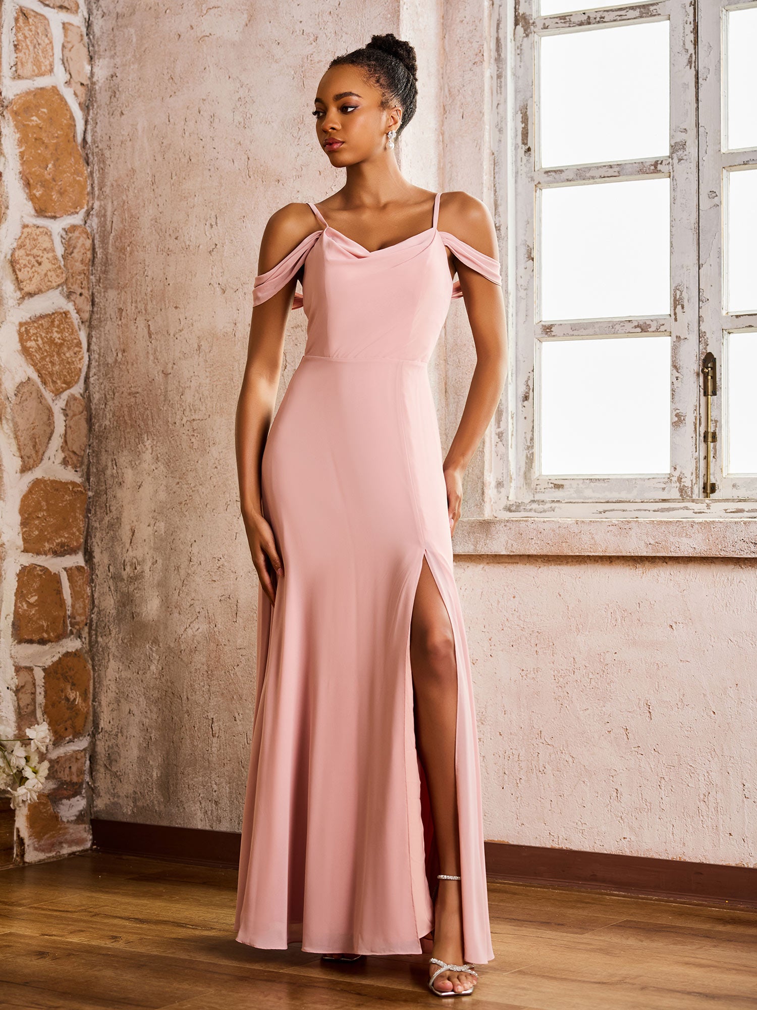 BABARONI Chiffon Dusty Rose Bridesmaid Dresses Off-the-shoulder Floor-length Spaghetti Straps with Slit Sheath, Dusty Rose / US0