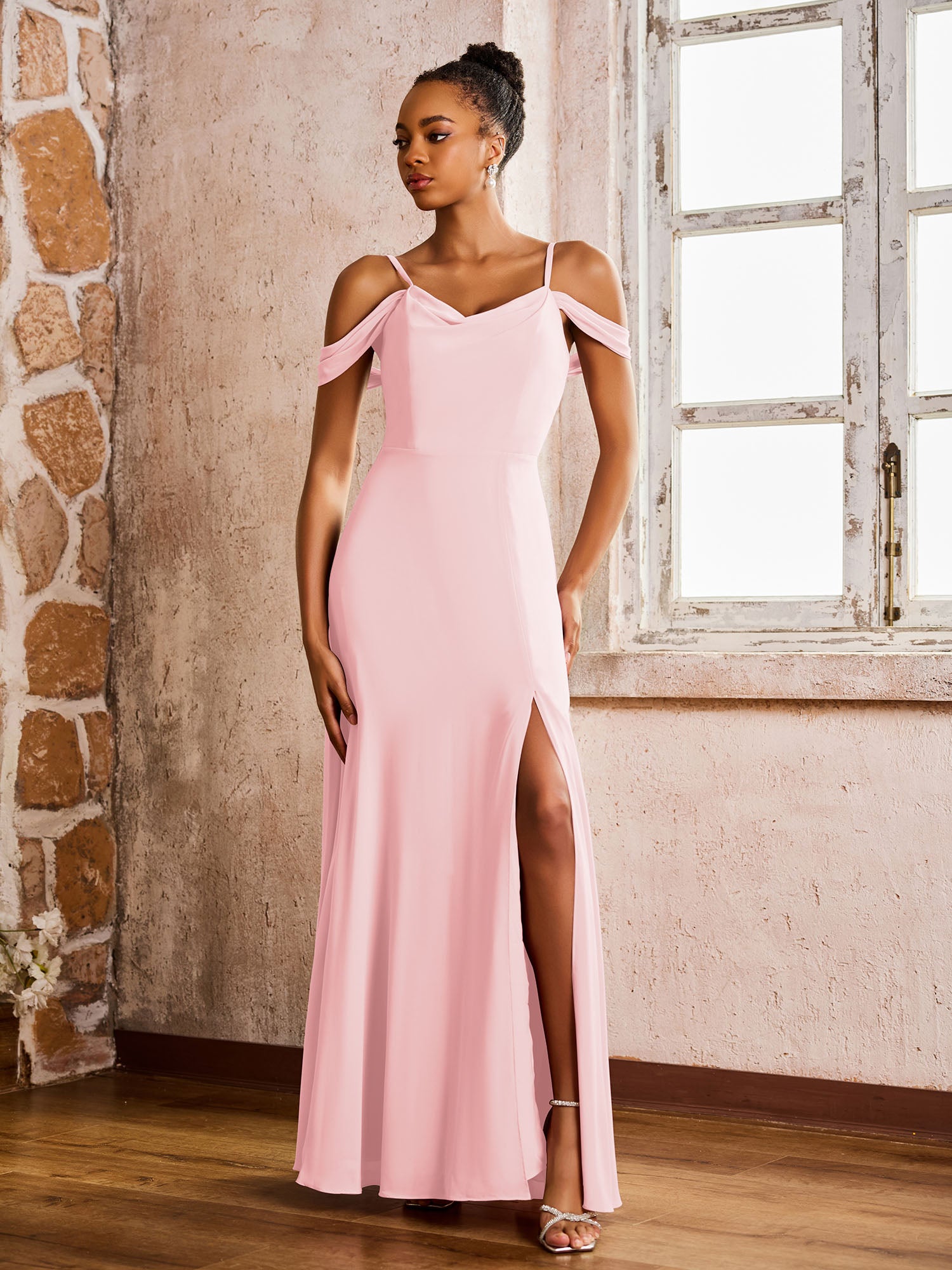 BABARONI Chiffon Blushing Pink Bridesmaid Dresses Off-the-shoulder