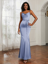 Cowl Neck Mermaid Dress With Sash Dusty Blue