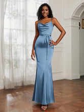 Cowl Neck Mermaid Dress With Sash Slate Blue