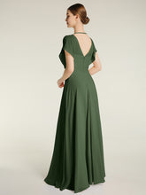 V Neckline Chiffon Maxi Dresses with Slit Olive Green