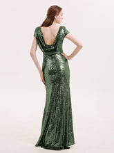 Sequins Lace Bridesmaid Dress with Cap Sleeves Olive Green
