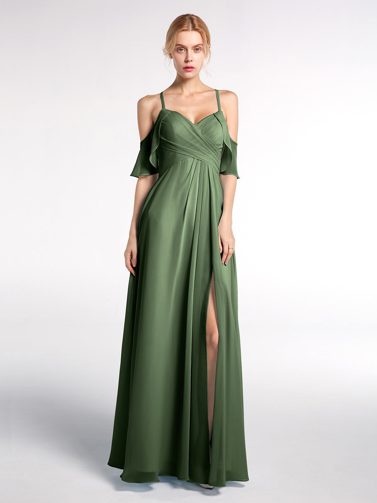 Spaghetti Straps Chiffon Dresses with Ruffle Olive Green