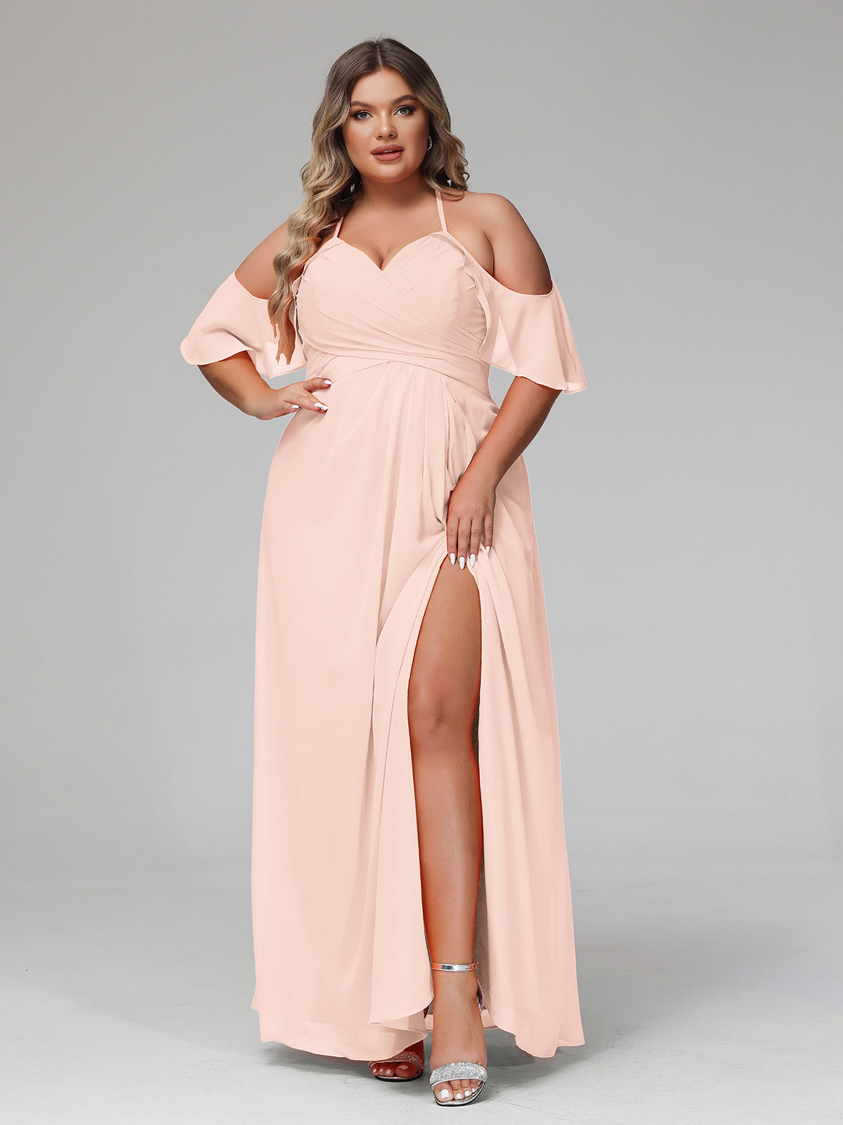 BABARONI Chiffon Pearl Pink Bridesmaid Dresses Sweetheart Floor-length  Spaghetti Straps with Slit Empire