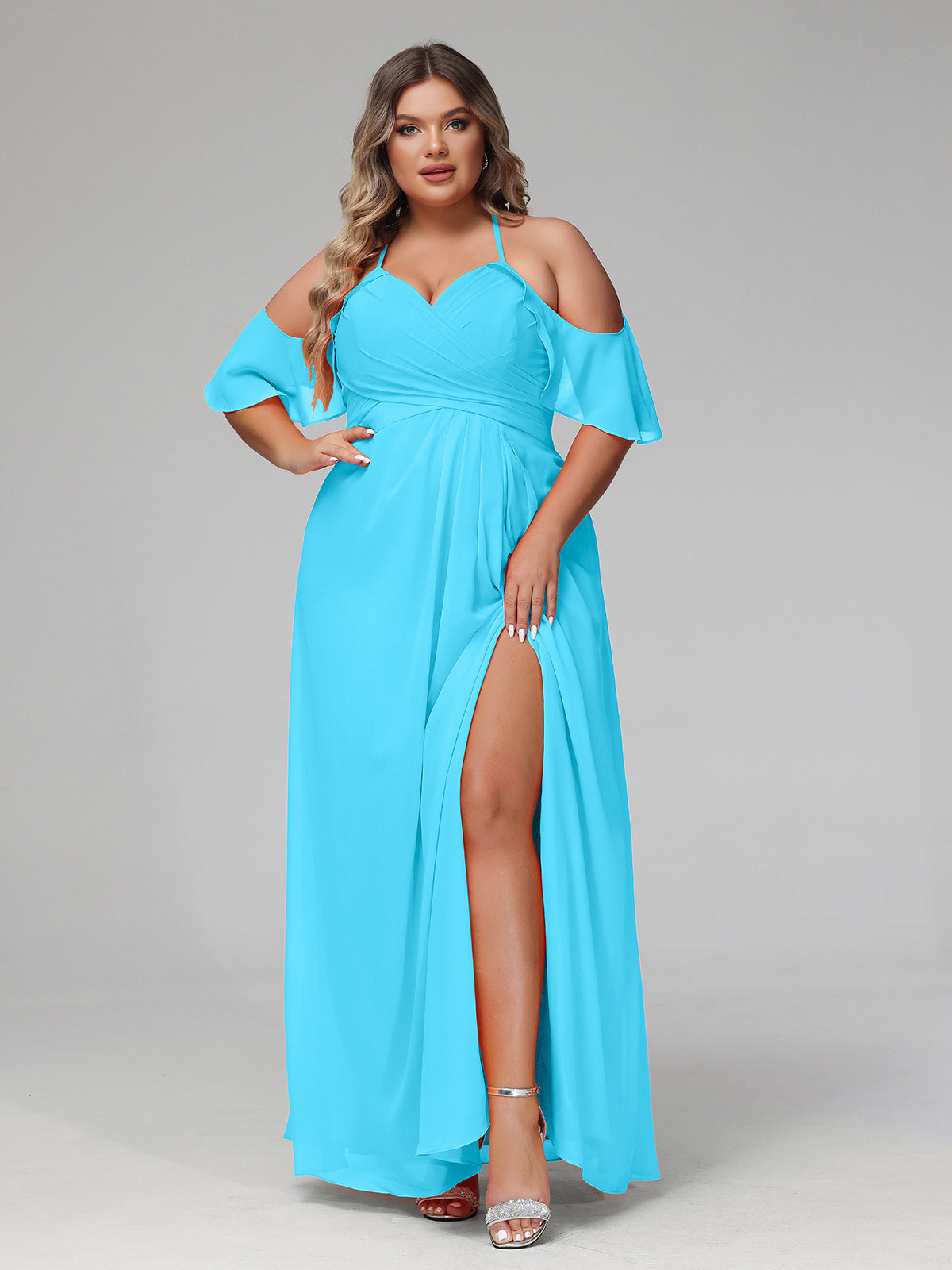 pool bridesmaid dress BABARONI Chiffon Dresses Sweetheart Floor-length Spaghetti Straps with Slit Empire, Pool / US0 Color:Smoky Blue Second Life Marketplace - formal evening dresses Chiffon;Straps Sleeves V neck