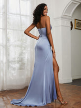 Pleated Sweep Train Sheath Gown With Slit Dusty Blue