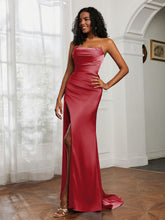 Pleated Sweep Train Sheath Gown With Slit Burgundy