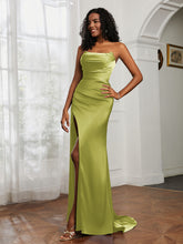 Pleated Sweep Train Sheath Gown With Slit Clover