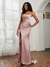 Pleated Sweep Train Sheath Gown With Slit Dusty Rose