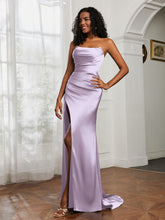 Pleated Sweep Train Sheath Gown With Slit Lilac