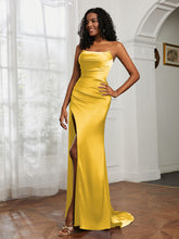 Pleated Sweep Train Sheath Gown With Slit Marigold
