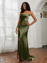 Pleated Sweep Train Sheath Gown With Slit Olive Green