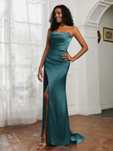 Pleated Sweep Train Sheath Gown With Slit Peacock