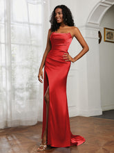 Pleated Sweep Train Sheath Gown With Slit Red