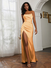 Pleated Sweep Train Sheath Gown With Slit Tangerine