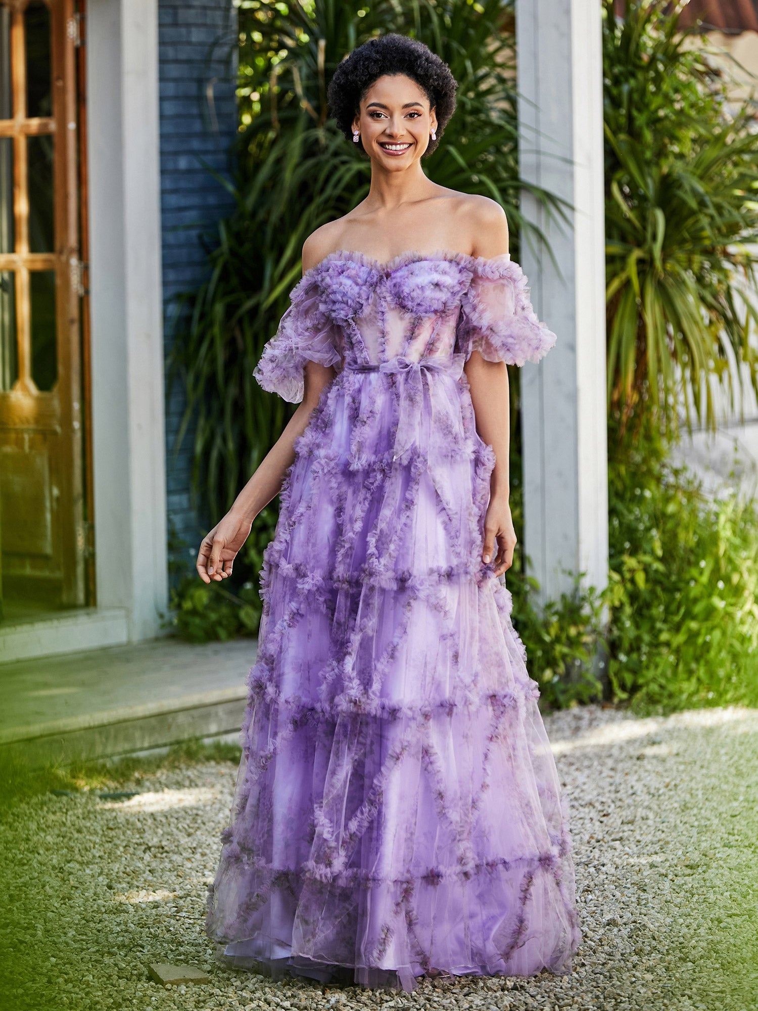 bohemian prom dress BABARONI Tulle Lilac Dresses A-line Off-the-shoulder Half Sleeve Bow Ruffle Ruched, Lilac / US0 oldmoney Sexy Black Dresses – LINE CHIFFON DRESS WITH Size (FR):36