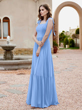 A-Line Bow Ruffle Sleeveless Chiffon Dress Blue
