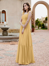 A-Line Bow Ruffle Sleeveless Chiffon Dress Gold