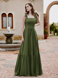 A-Line Bow Ruffle Sleeveless Chiffon Dress Olive Green