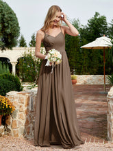 V-neck Spaghetti Straps Bridesmaid Dress With Slit Brown