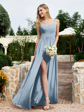 V-neck Spaghetti Straps Bridesmaid Dress With Slit Dusty Blue
