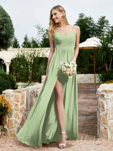 V-neck Spaghetti Straps Bridesmaid Dress With Slit Dusty Sage Plus Size