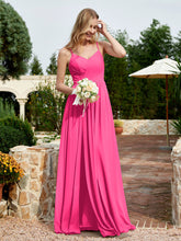 V-neck Spaghetti Straps Bridesmaid Dress With Slit Fuchsia