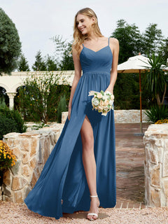 V-neck Spaghetti Straps Bridesmaid Dress With Slit Ink Blue