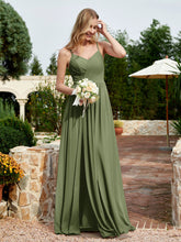 V-neck Spaghetti Straps Bridesmaid Dress With Slit Olive Green