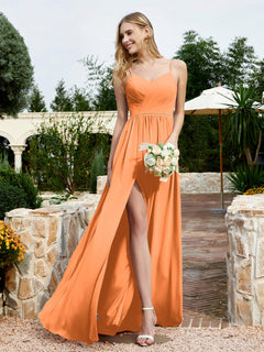 V-neck Spaghetti Straps Bridesmaid Dress With Slit Orange