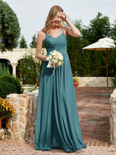 V-neck Spaghetti Straps Bridesmaid Dress With Slit Peacock