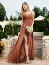 V-neck Spaghetti Straps Bridesmaid Dress With Slit Rust