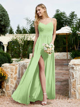 V-neck Spaghetti Straps Bridesmaid Dress With Slit Sage