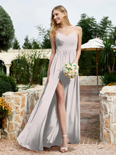 V-neck Spaghetti Straps Bridesmaid Dress With Slit Silver