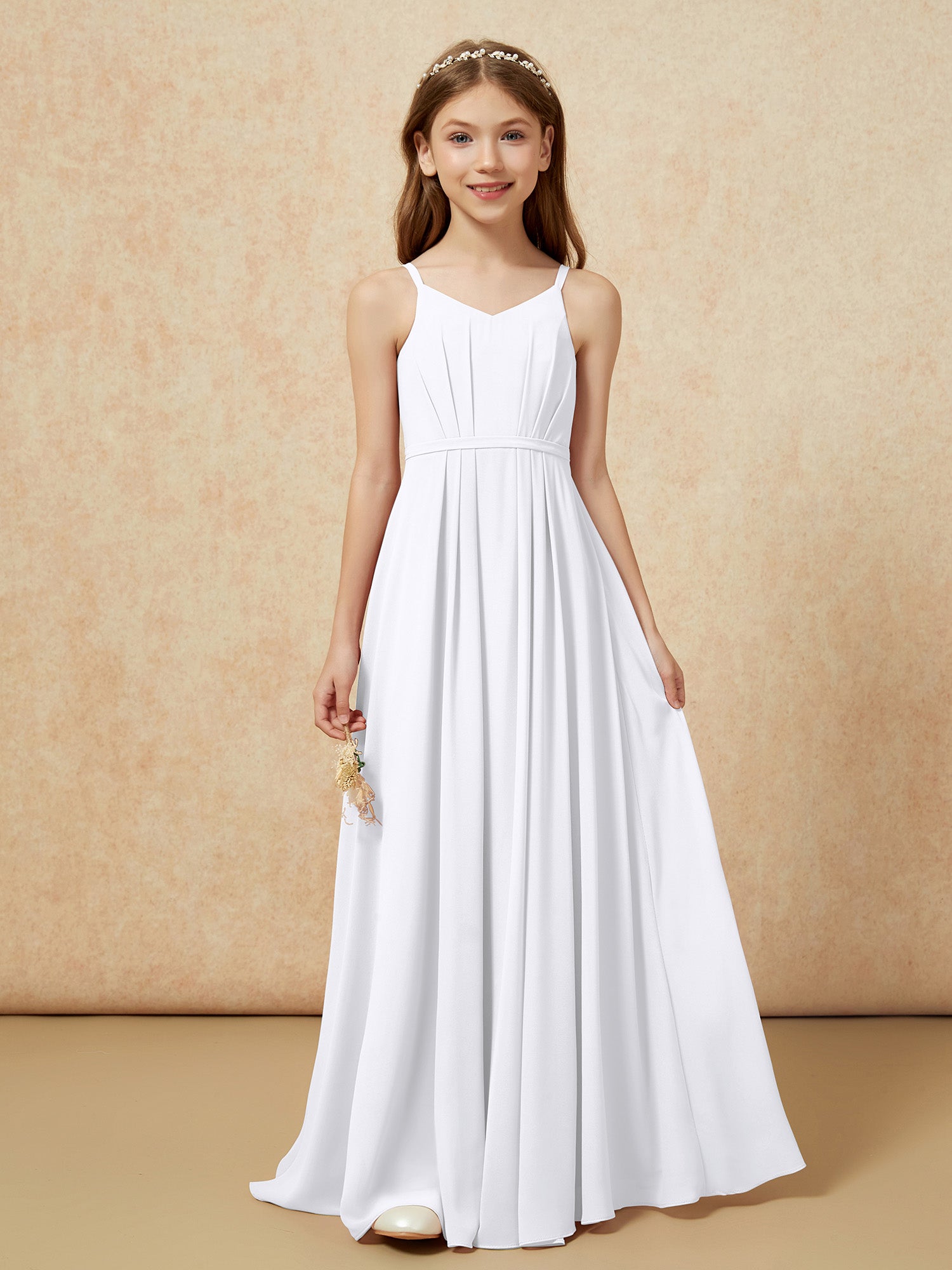 V-neck Spaghetti Straps Chiffon Junior Bridesmaid Dresses White – BABARONI