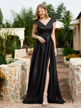 Satin Cap Sleeve Bridesmaid Dress With Pocket Black